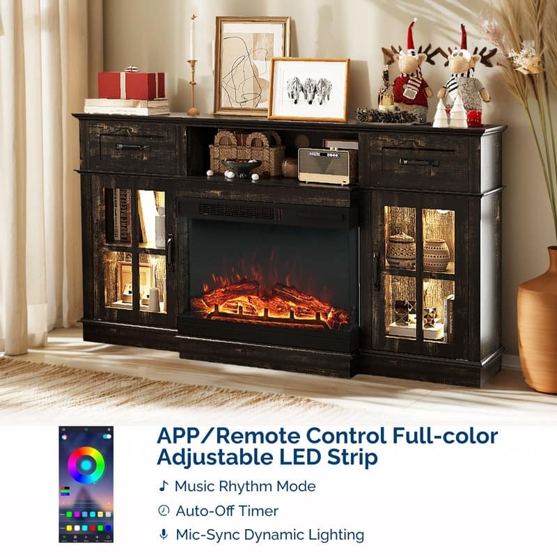 Farmhouse 58'' TV Stand For Tvs Up To 70'' With Electric Fireplace and Adjustable Shelves with Glass Door