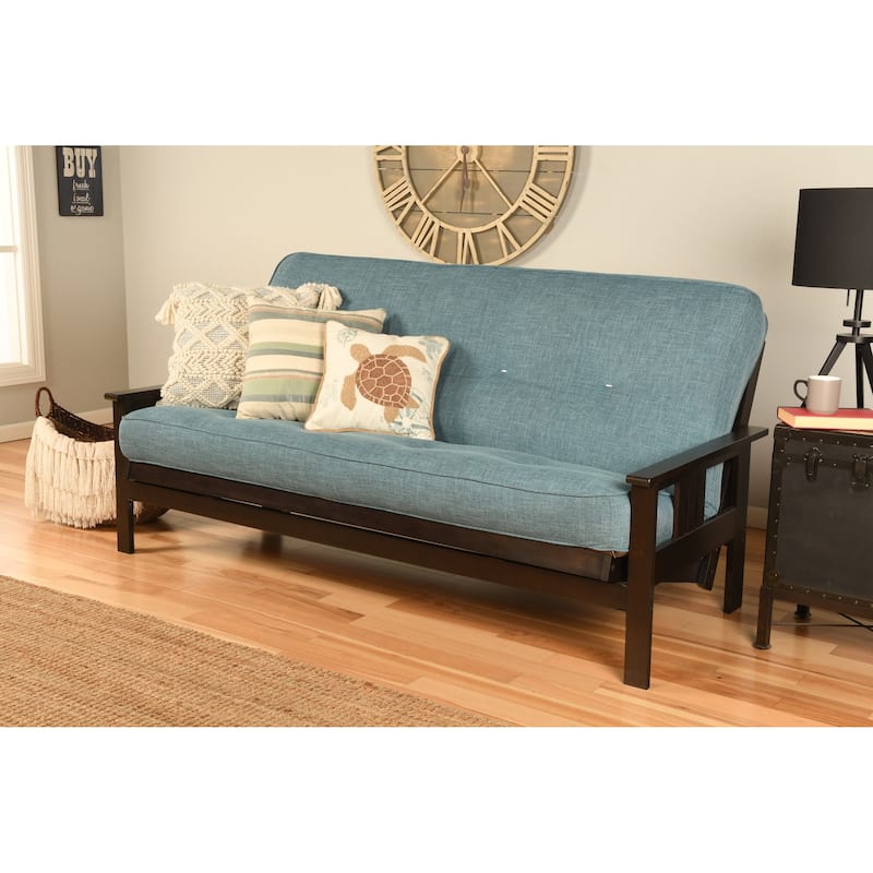 Porch & Den Zumbro Bonded Leather Espresso Futon Set with Mattress - Linen Aqua