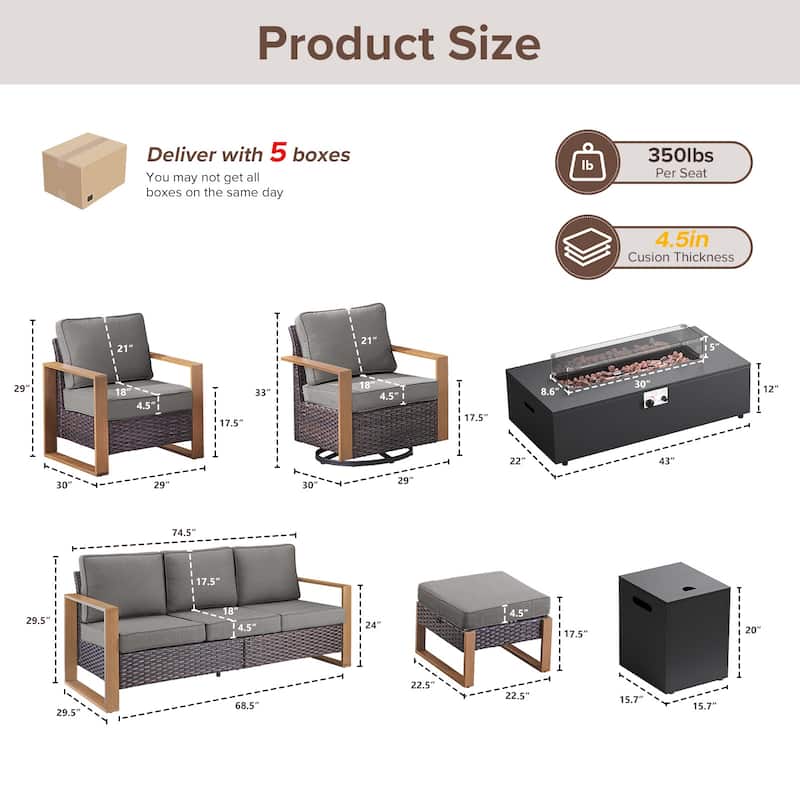 Meyreso Wicker Outdoor Patio Fire Pit Set with Swivel Gliders and 4.5-Inch Olefin Cushions