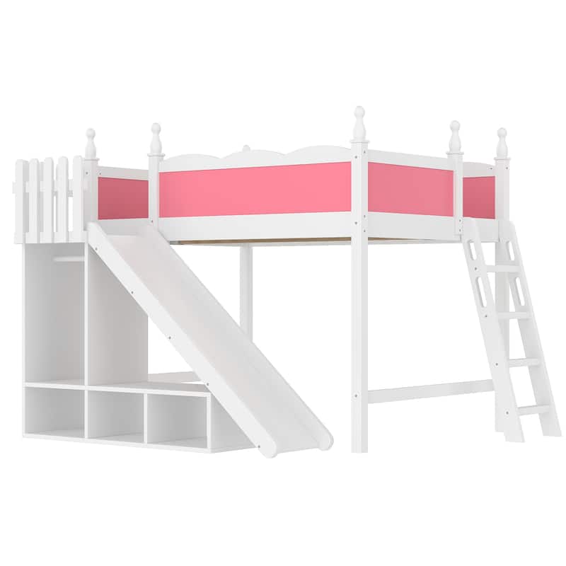 Full Loft Bed with Storage Shelves and Wardrobe, Solid Wood Loft Beds with Detachable Slide and Ladders, No Spring Box Needed