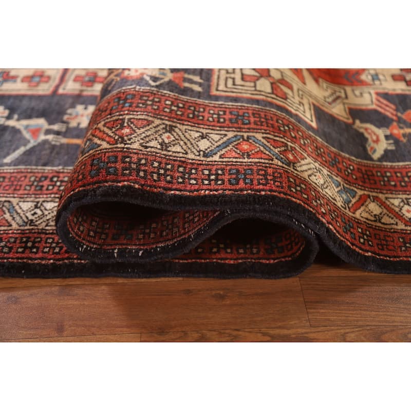 Navy Blue Ardebil Persian Vintage Runner Rug Hand-knotted Wool Carpet - 3'9"x 10'8"