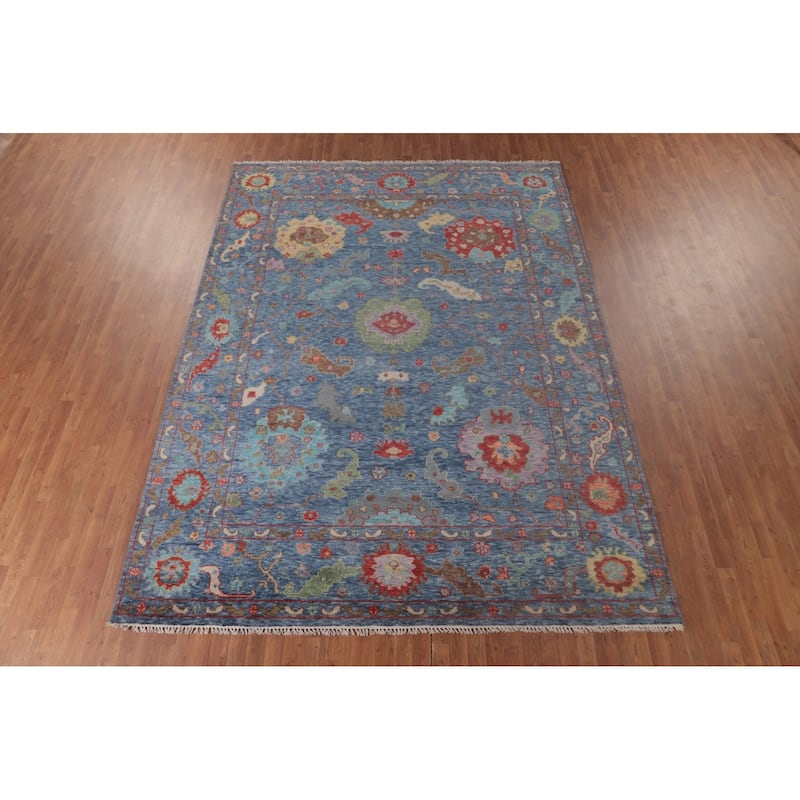 Geometric Blue Oushak Oriental Area Rug Handmade Wool Carpet - 8'9" x 11'10"