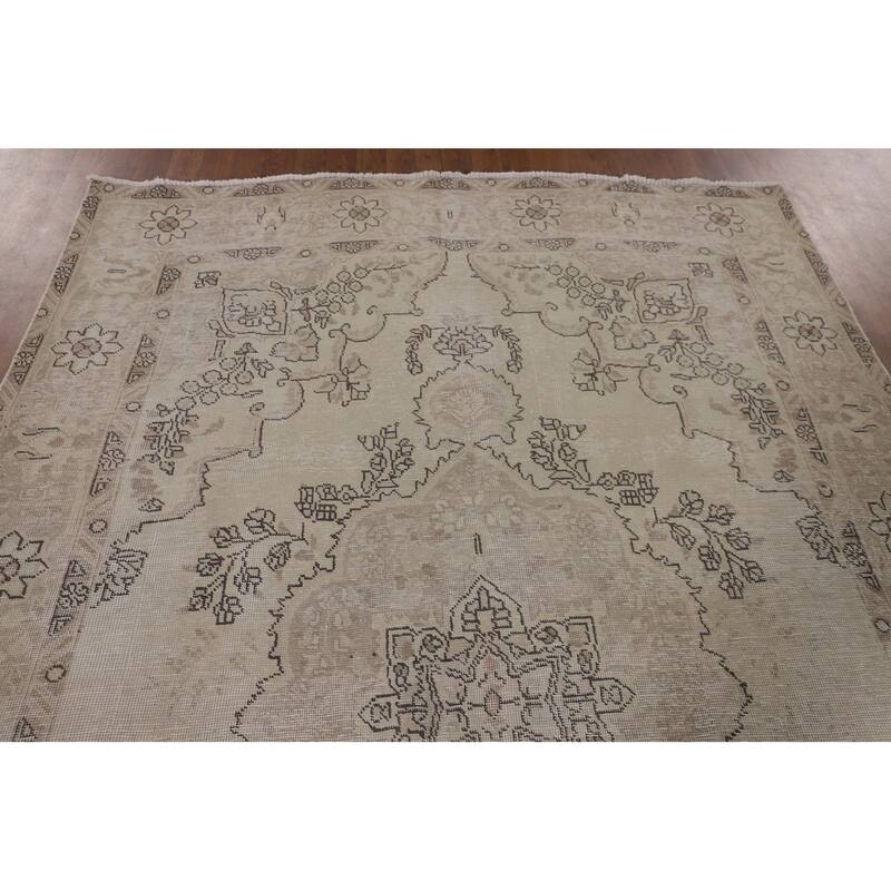 Geometric Distressed Tabriz Persian Vintage Rug Handmade Wool Carpet - 6'4"x 9'2"