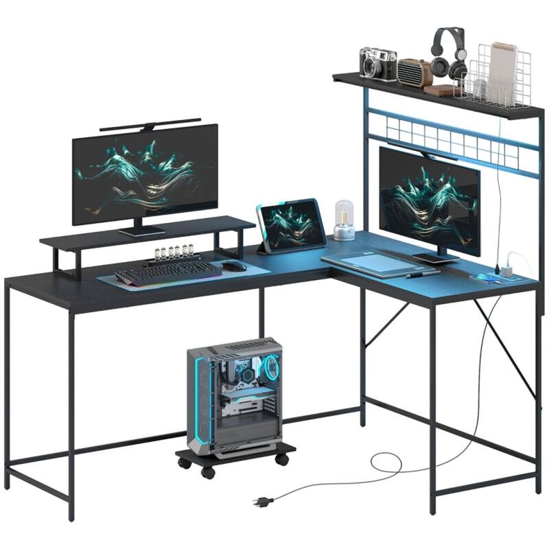 Modern L-Shaped Gaming Desk with Adjustable RGB Lighting and Rolling Keyboard Shelf USB Port