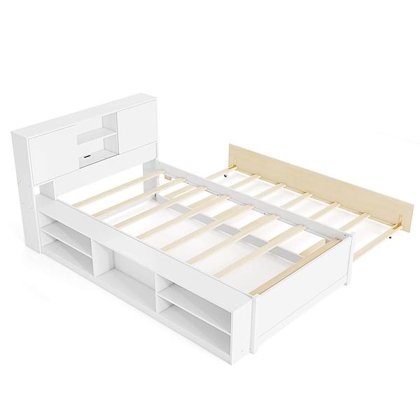 slide 2 of 6, Twin Size Bed Frame Wooden Platform Bed w/ Trundle & Charging Station White