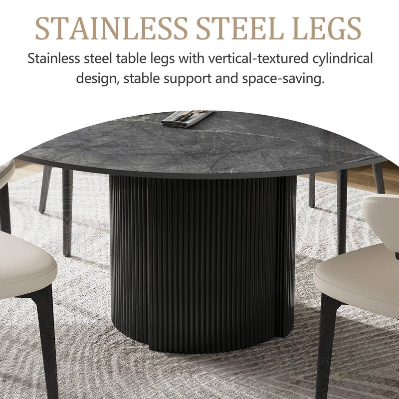 59" Modern Round Dining Table for 6-8, Glossy White Sintered stone Table top, Steel Grille column base