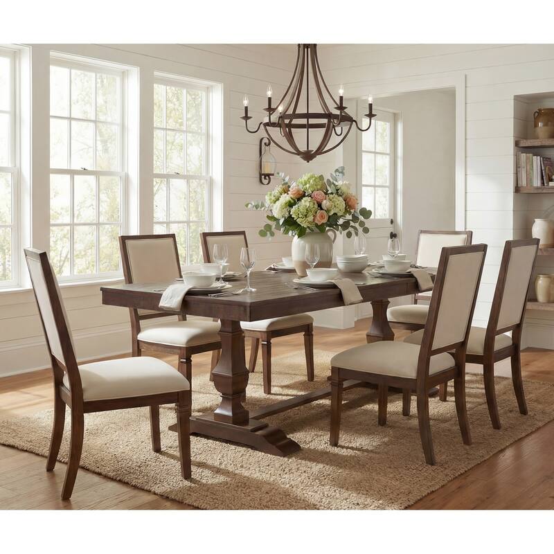 Farmhouse Dining Chair and Bench Set, Solid Wood Upholstered Armless Chair and Dining Bench with Turned Legs - 6 Piece - Espresso Brown