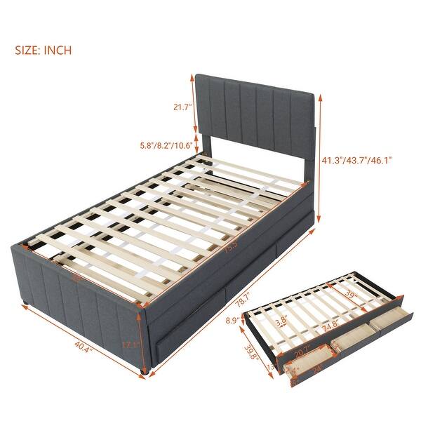 Twin Size Upholstered Platform Bed with Trundle and Storage Drawers, Modern Design with Stripe Headboard