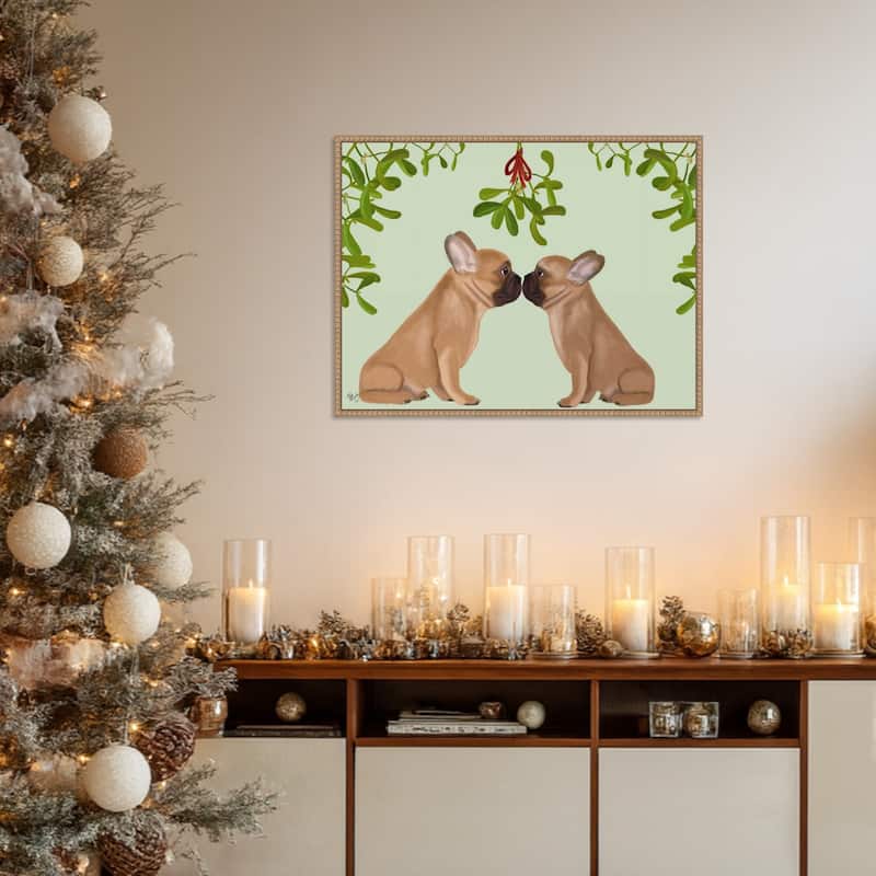 French Bulldogs and Mistletoe by Fab Funky (30 x 23 in.), Framed Canvas Wall Art Print - Sylvie Beaded Rustic Natural
