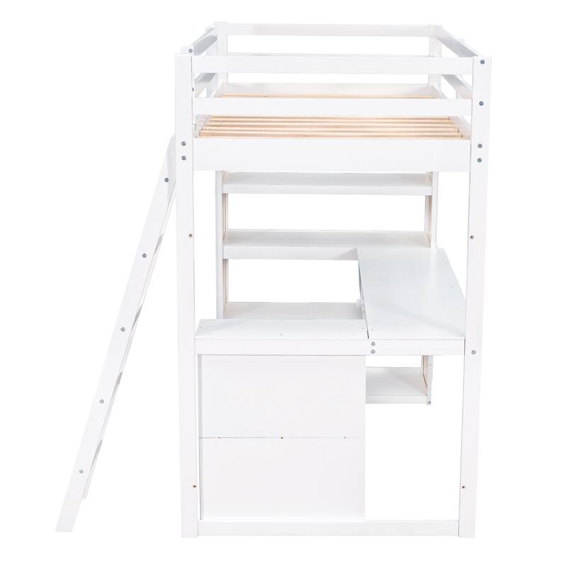 White Loft Bed with Desk, Shelves, Drawer, and Ladder, Full-Length Guardrail