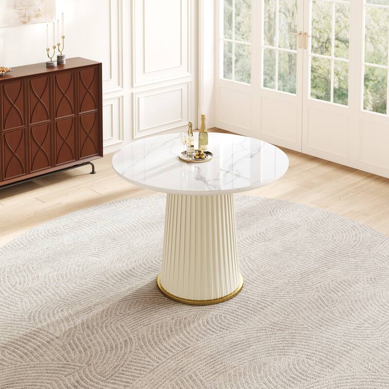 Modern 35.43 Inch Round Dining Table, Glossy Sintered Stone Top with Pleated PU Leather Iron Pedestal, Adjustable Feet - White