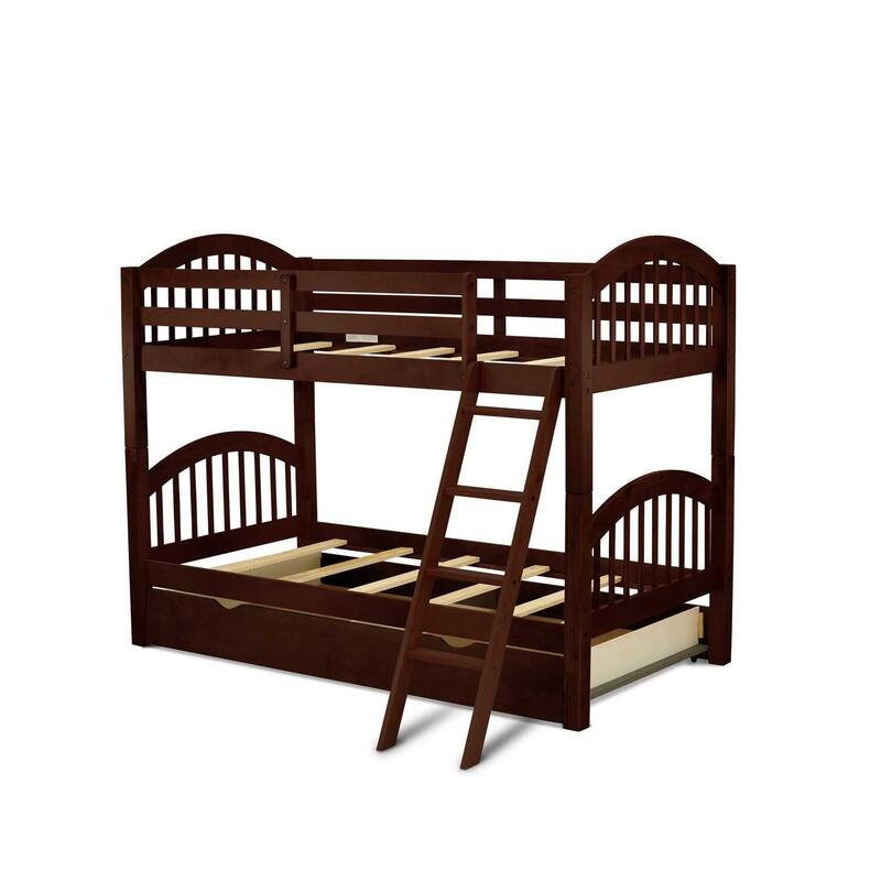 Twin Bunk Bed with Trundle & Drawer - Solid Wood, Java Finish - Space Saving Kids Bedroom Furniture