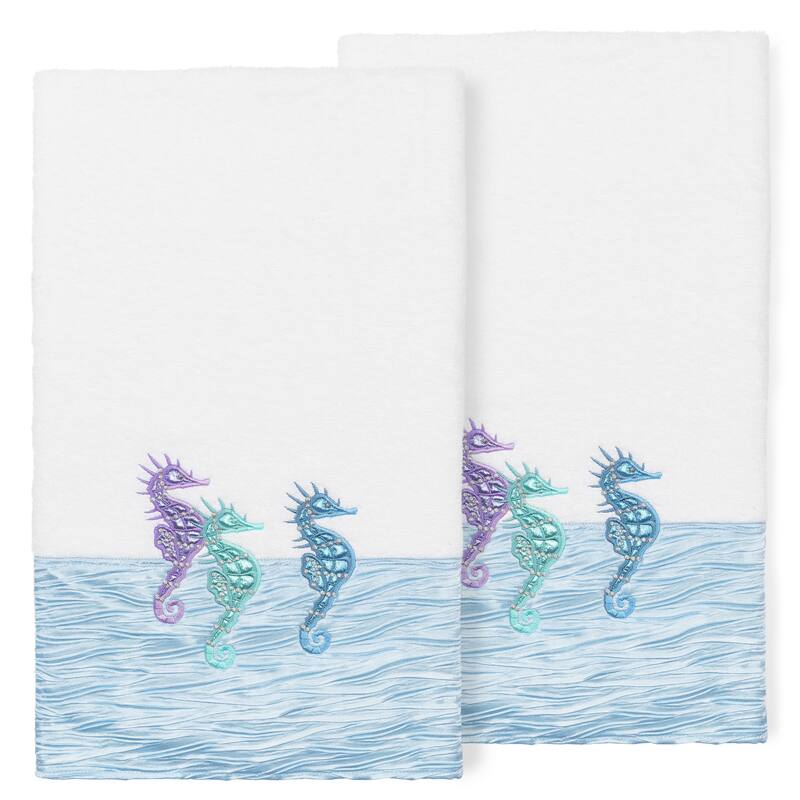 Authentic Hotel and Spa 100% Turkish Cotton Sofia 2PC Embellished Bath Towel Set - White / Blue