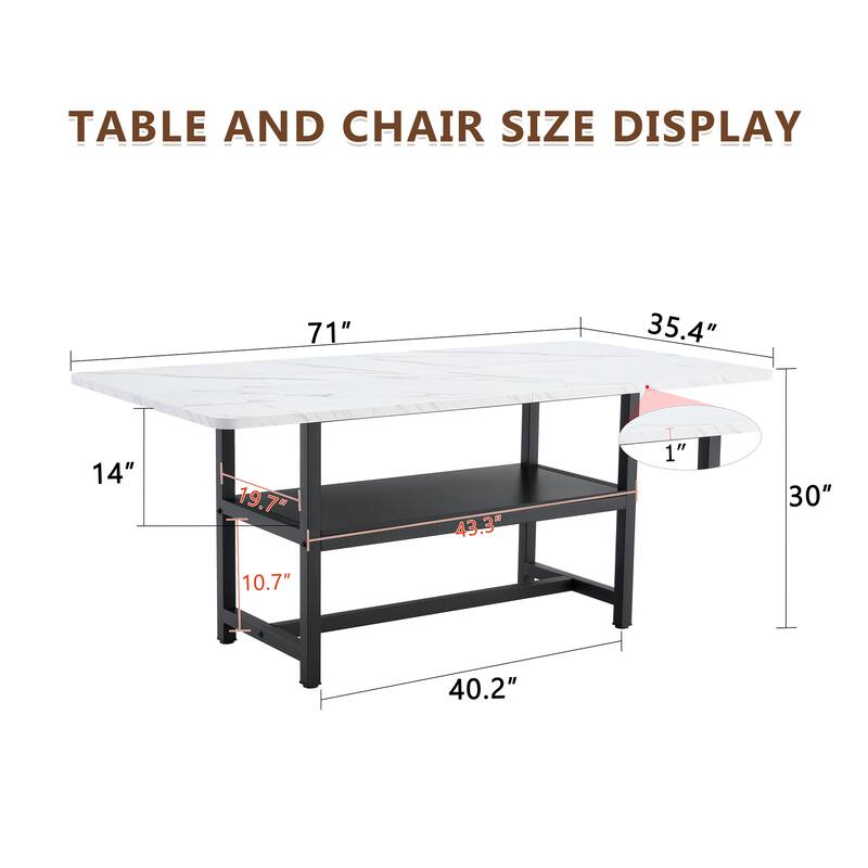 Extra Long Dining Table with Under Table Storage Shelf Black MDF Top Metal Legs Modern Design