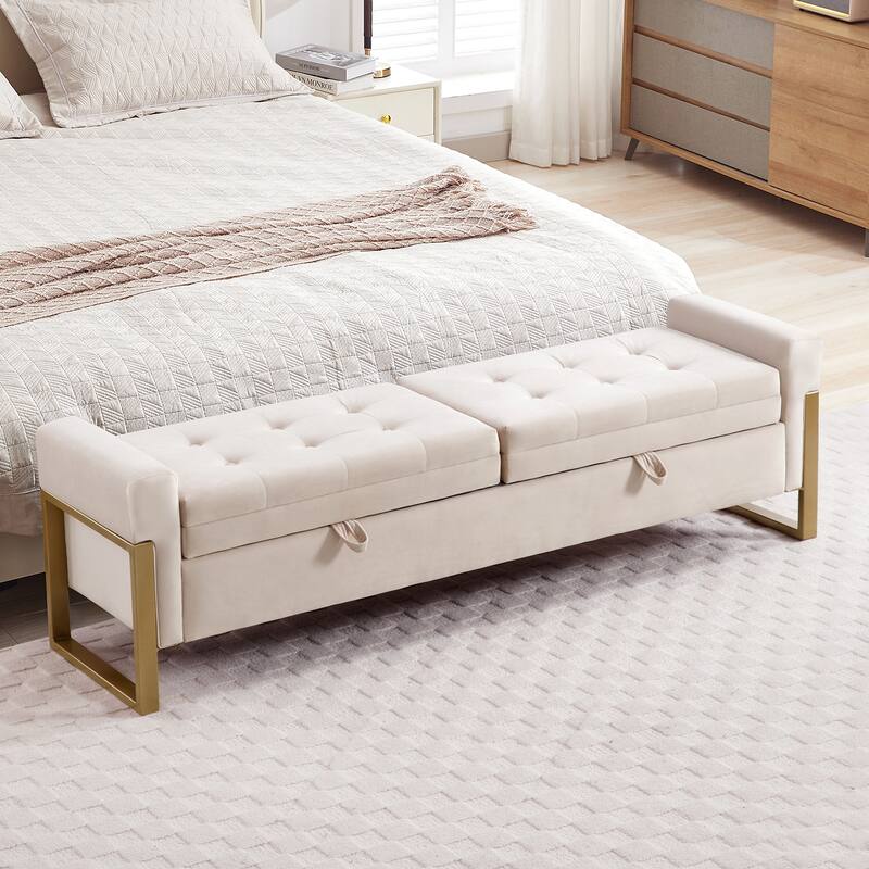 66" Storage Bench for Bedroom End of Bed with Double Lids and Gold Legs - 66"W - Double Lid - Beige - Velvet