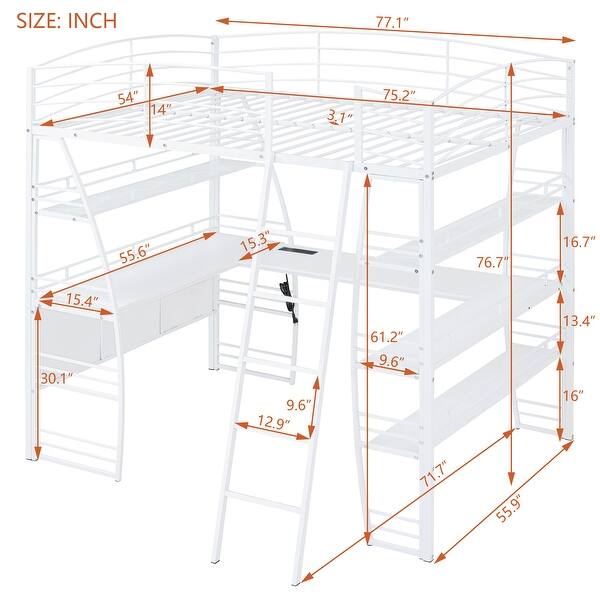 dimension image slide 1 of 2, Full Size Metal Loft Bed with 4 Shelves and L-Shaped Desk, USB Ports