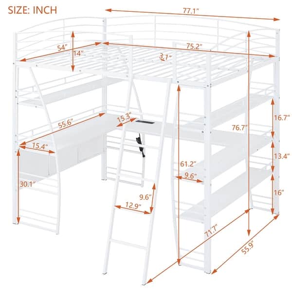 dimension image slide 0 of 4, High Loft Bed with L-Shaped Desk and Storage Shelves, Metal Platform Bed with Curved Guardrail, USB Ports and Wireless Charging
