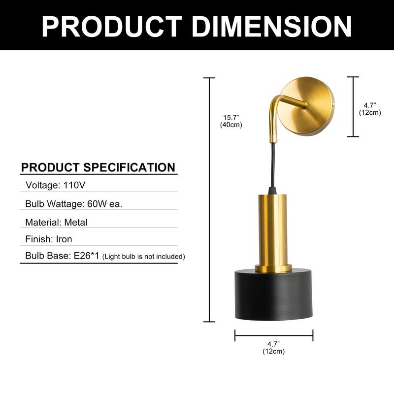 YANSUN 1-Light Metal Black and Gold Wall Sconce Lighting Industrial Minimalist Modern Wall Light Fixture for Living Room Bedroom