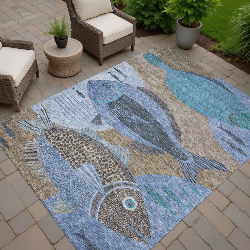 Machine Washable Indoor/ Outdoor Modern Fish Chantille Rug