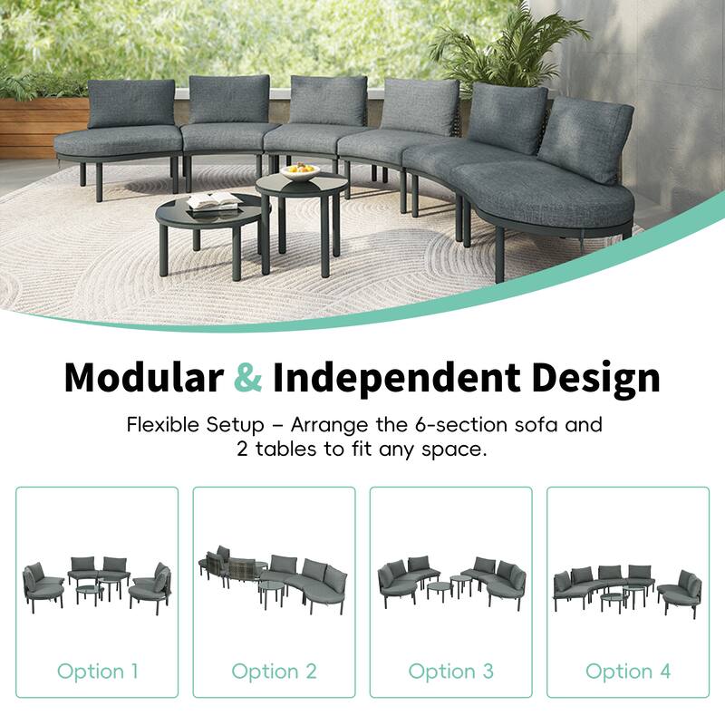 8-Piece Patio Half Moon Sofa Set with 2 High-Low Coffee Tables, 6 Pillows & Cushions