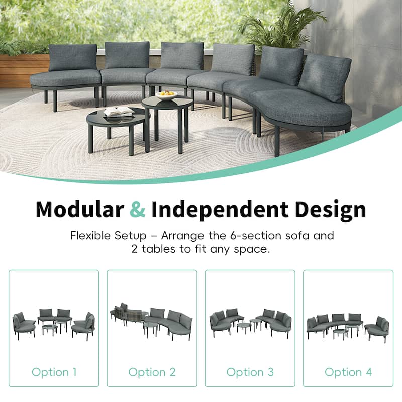 Roomfitters 6/8-Piece Half Moon Patio Sofa Set with 2 Coffee Tables, PE Wicker Rattan, Glass Top, Cushions & Pillows