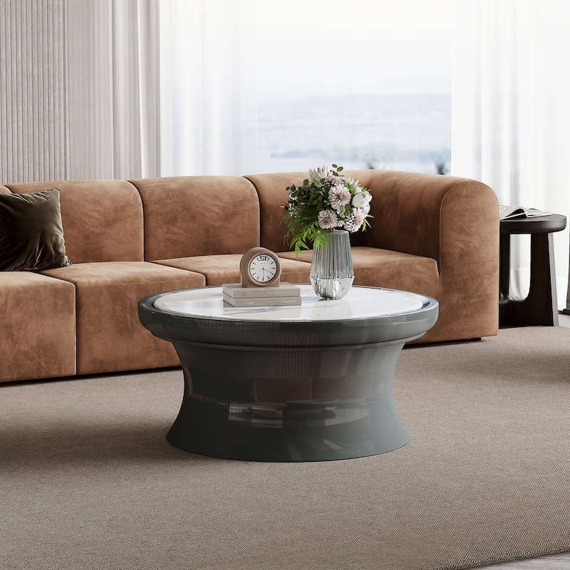 33.46" Modern Round Coffee Table,White Glossy Sintered Stone Table top, Green