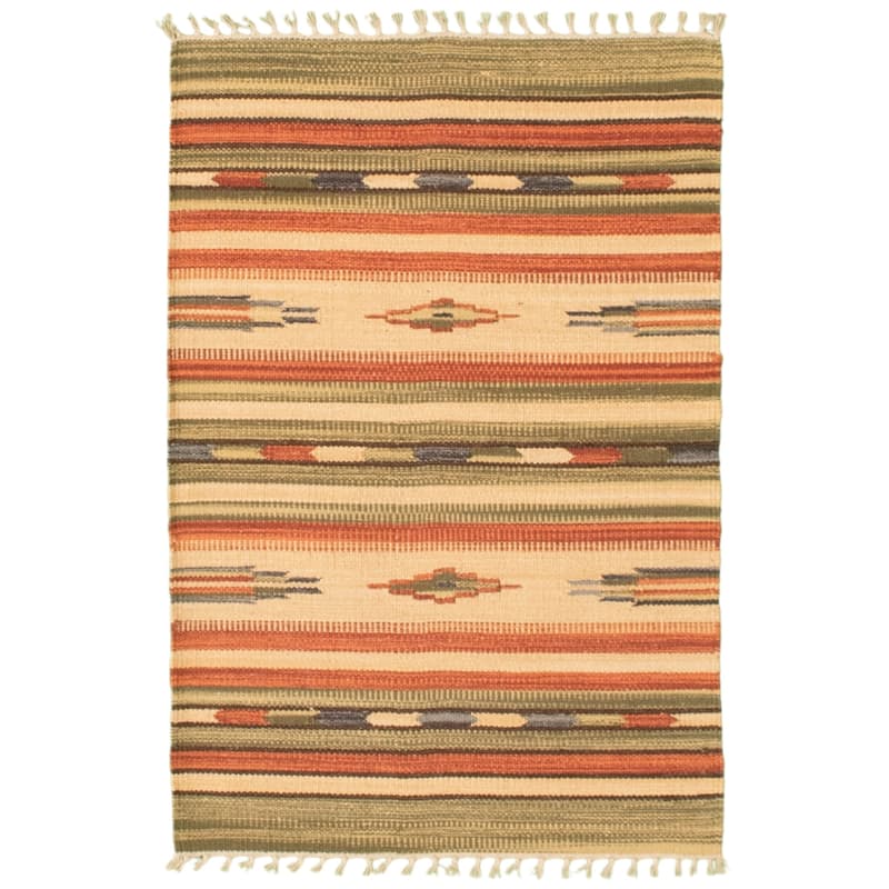 ECARPETGALLERY Flat-weave Bold and Colorful Cream, Olive Wool Kilim - 2'0 x 3'0