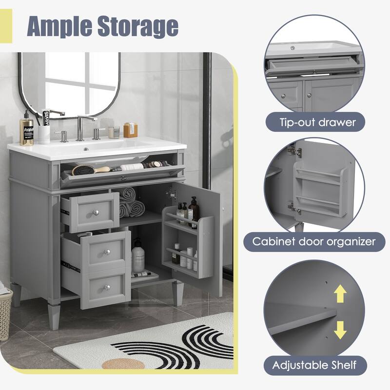 Bathroom Vanity Cabinet with Door Rack, Drawers of Different Sizes, Metal Textured Knobs, Roman Leg Design and Adjustable Shelf