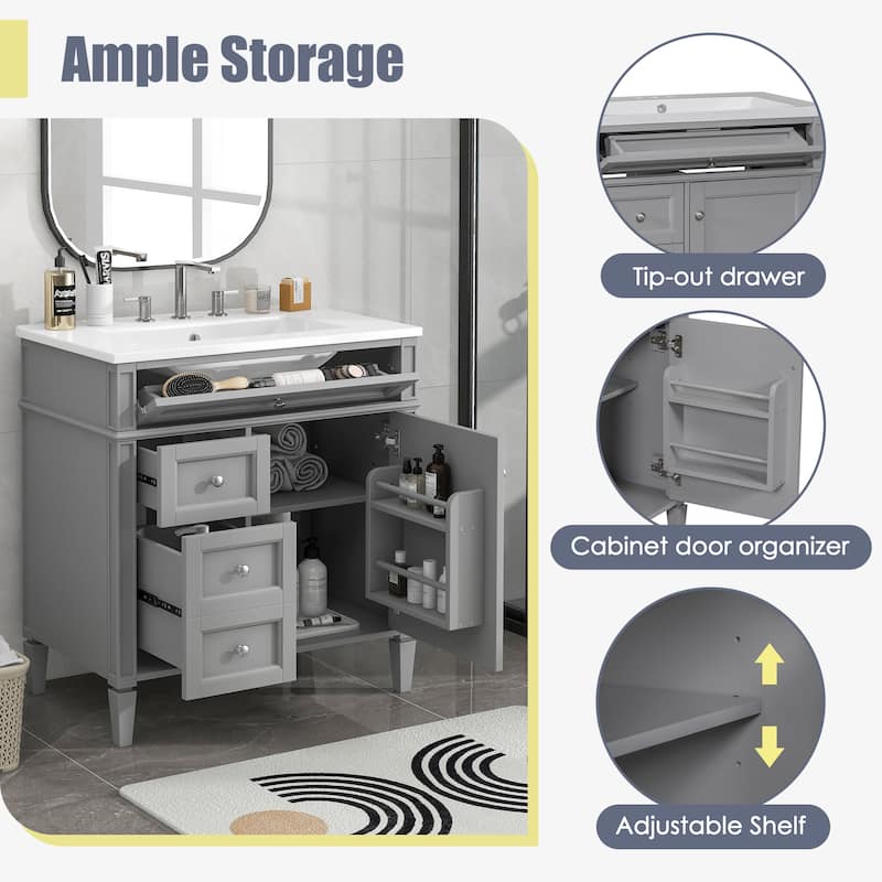 GDFStudio - Halmore Modern Freestanding Bathroom Vanity with Resin Sink, 2 Storage Drawers and a Tip-Out Drawer - 30'W