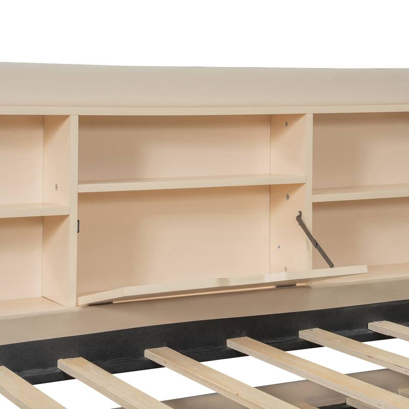 Twin Size Upholstered Daybed with Pop Up Trundle and Storage Shelves & Socket