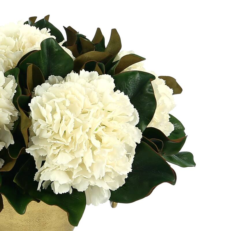 Hydrangea and Magnolia Leaf Arrangement in a Metal Vase - White, Gold