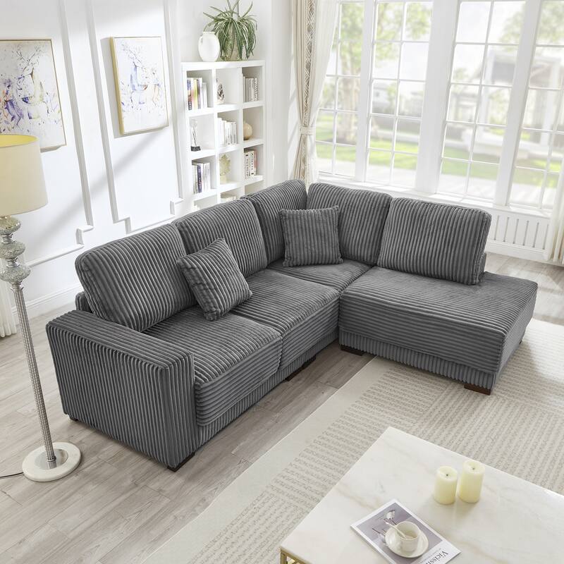L-shaped Sectional Sofa with Reversible Chaise Lounge and Pillwo Corduroy Upholstered Couch with Removed Sofa Covers