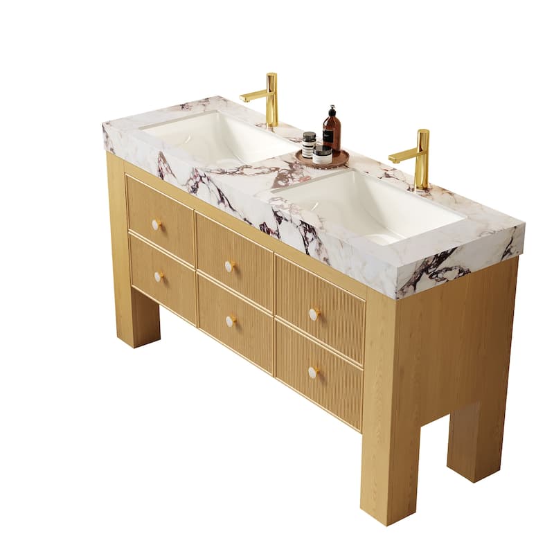 GDFStudio - Lonis Modern 60" Freestanding Bathroom Vanity with 6 Drawers & Dual Ceramic Basins