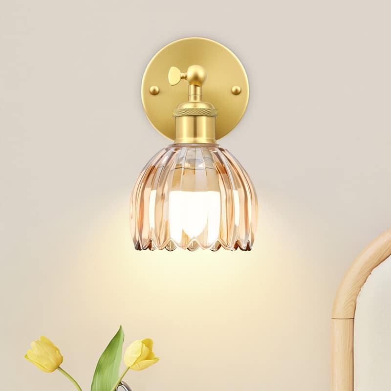 Adjustable Vintage Wall Sconce with Amber Tulip Glass Brass Fixture with Switch Ideal for Bedroom Hallway or Entry