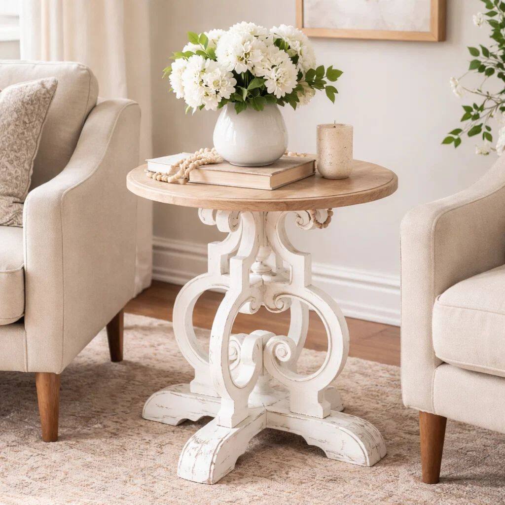 36 Inch Round Table, Classic, Sculptural Base, Wood, Modern, White, Brown