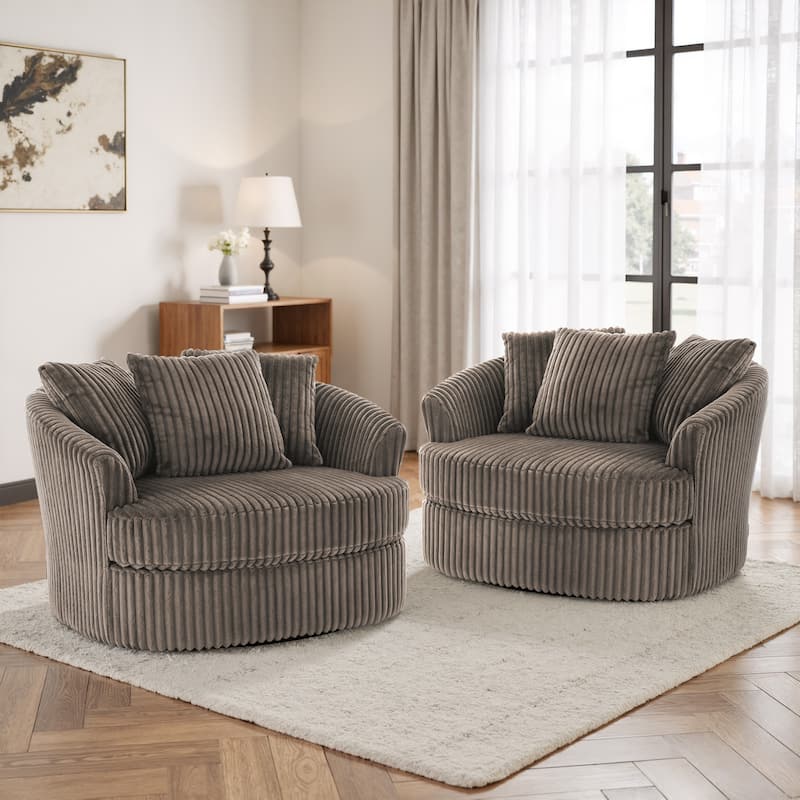 Oversized 43" W Plush Corduroy Slipcovered Swivel Barrel Chair with Pillows Set of 2 - Dark Camel