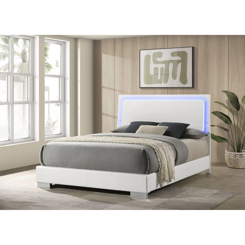 White High Gloss Wood Queen LED Panel Bed with Modern Design and Energy-Efficient Lighting