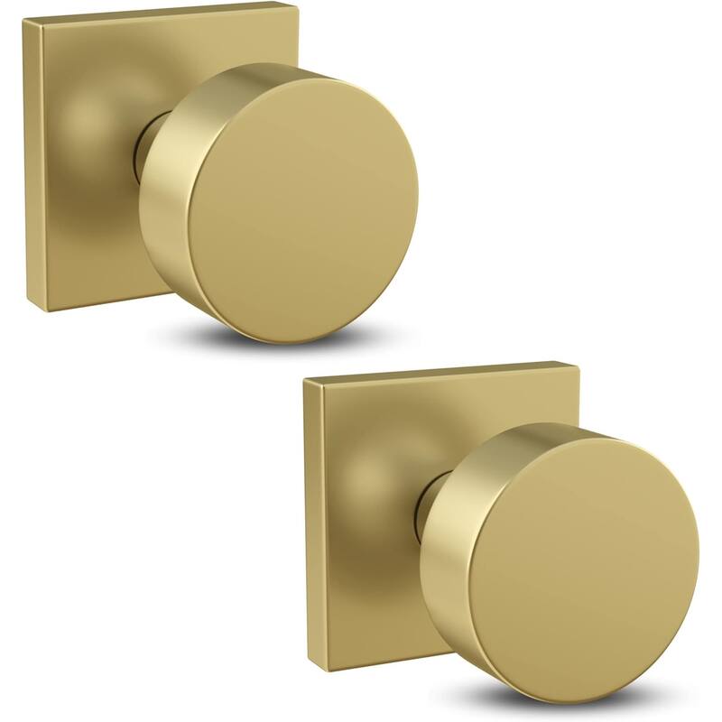 Mega Handles Modern Square Rosette Door Handle with Round Door Knob, Dummy Function, Easy Install for Closet, Hallway, Bedroom - Satin Brass