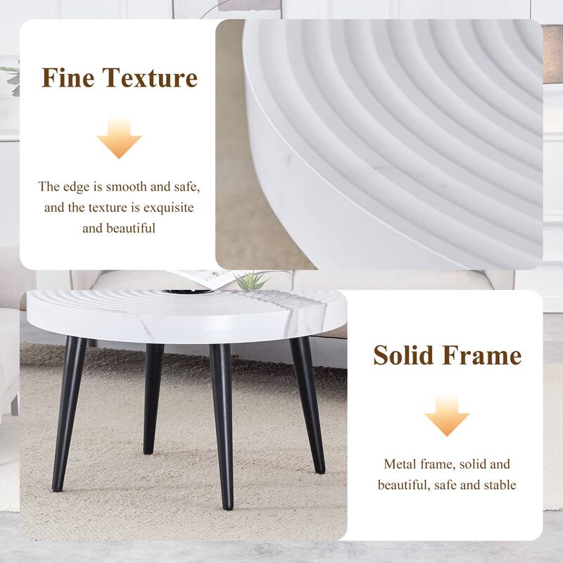 Marble Pattern Round Coffee Table,Exquisite Suction Molding Process,Marble Pattern Design,Black Sprayed Metal Leg