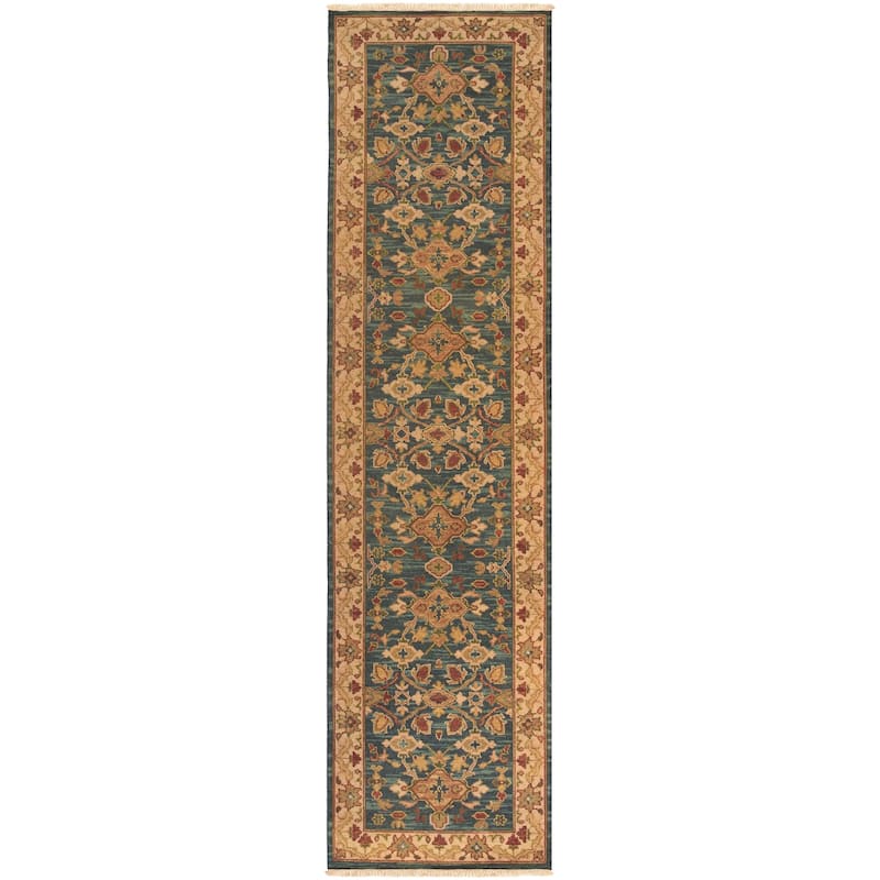 Hand-knotted Sangli Collection Wool Area Rug - 2'6" x 10' Runner - 2'6" x 10' Runner - Blue/Beige