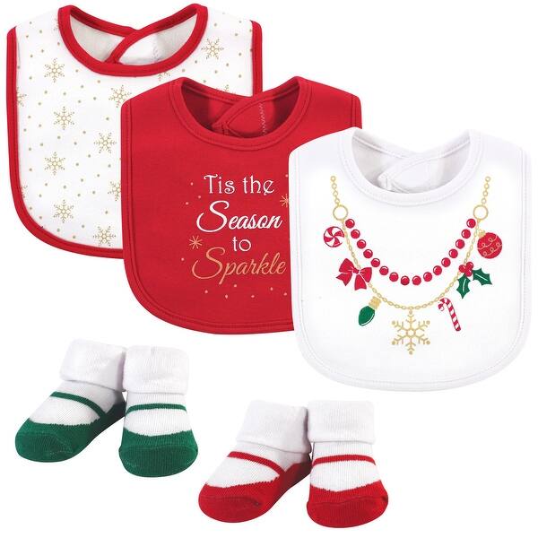 slide 1 of 1, Little Treasure Baby Girl Cotton Bib and Sock Set 5pk, Christmas Necklace, One Size - Christmas Necklace - One Size