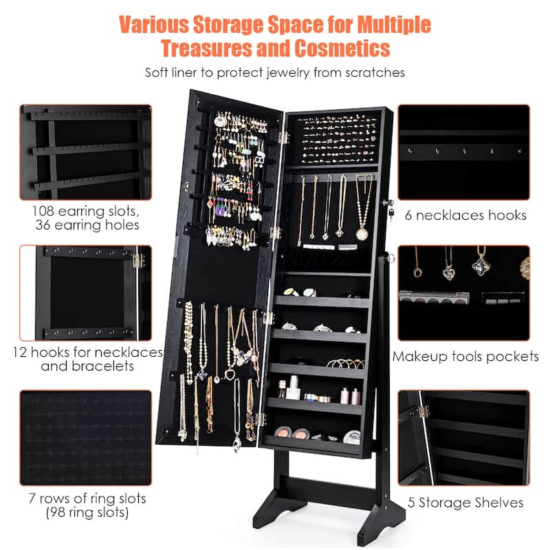 Costway Jewelry Cabinet Stand Mirror Armoire Lockable Organizer Large