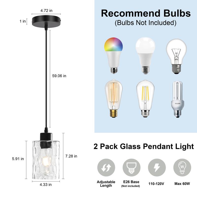2 Pack 1-Light Kitchen Island Textured Clear Glass Pendant