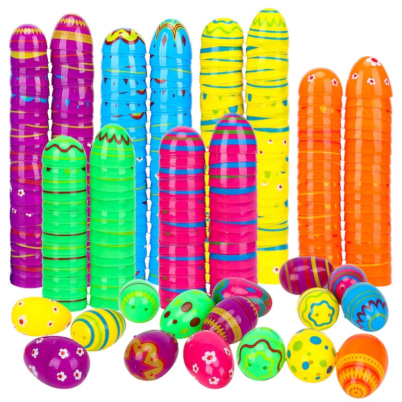Easter Printed Plastic Eggs Basket Stuffer for Easter Egg Hunt Event, Party Favor Goodie Bags, Scene and Decoration