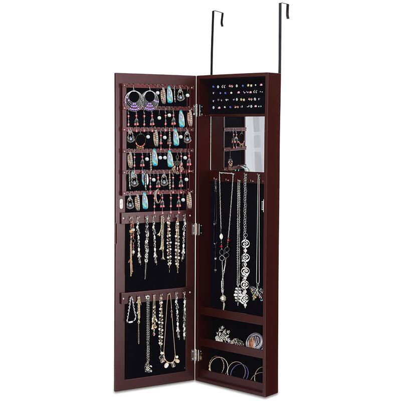 Wall Door Mounted Jewelry Organizer with Mirror - Brown