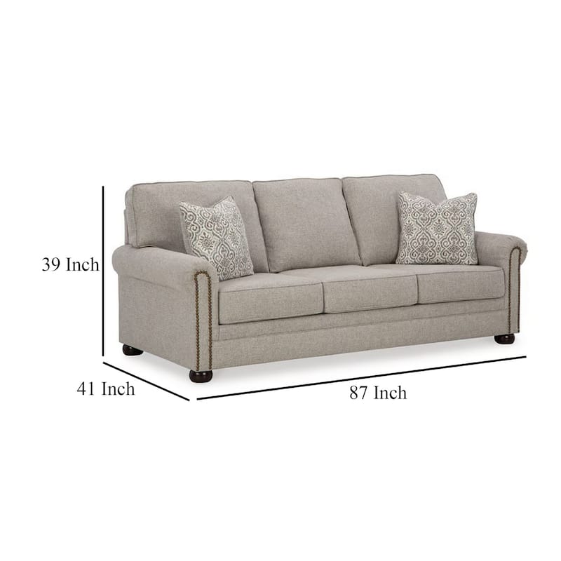 Gael Sofa, Gray Beige Polyester, Dark Brown Nailhead Trim 87 Inch