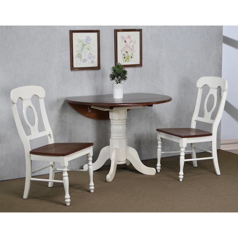 Round Extendable Dining Table 42" Art Deco Style Drop Leaf Table Seats 4 Antique White & Brown Finish - 32