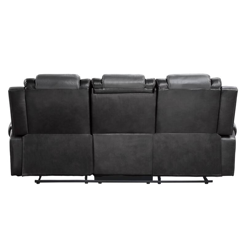 Istro 86 Inch Dual Manual Recliner Sofa, Drop Table, Gray Faux Leather
