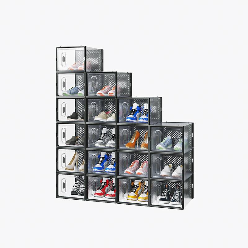 18-Pack Black Stackable Shoe Storage Boxes and Breathable Plastic Grid for Closet or Home - 35 x 25 x 19 cm