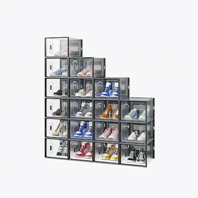 18-Pack Black Stackable Shoe Storage Boxes and Breathable Plastic Grid for Closet or Home - 35 x 25 x 19 cm